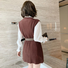 Load image into Gallery viewer, 2021 Autumn and Winter Long Sleeve Turndown Collar Shirt + Split Knitted Vest with Belt Women Fashion Slim 2 Piece Blouses