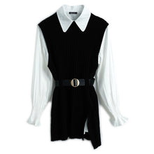 Load image into Gallery viewer, 2021 Autumn and Winter Long Sleeve Turndown Collar Shirt + Split Knitted Vest with Belt Women Fashion Slim 2 Piece Blouses