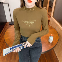 Load image into Gallery viewer, 2021 Autumn and Winter New Half High Neck Embroidery Sanded Base Shirt Long-sleeved Slim Women&#39;s Tops
