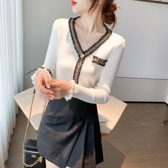 2021 Autumn and Winter New Korean Version of Small Fragrance Knit Sweater V-neck Women's Sweater Bottoming Shirt Top