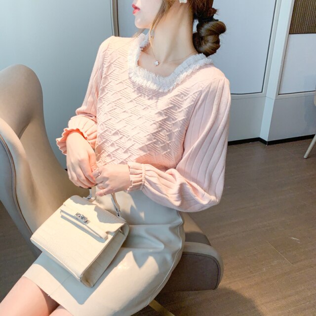 2021 Autumn and Winter New Lace Border Lantern Sleeve Sweater Knit Sweater Top Temperament Small Shirt Korean Women