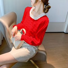 Load image into Gallery viewer, 2021 Autumn and Winter New Lace Border Lantern Sleeve Sweater Knit Sweater Top Temperament Small Shirt Korean Women