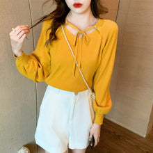 Load image into Gallery viewer, 2021 Autumn and Winter New Style Lantern Sleeve Good Quality Women&#39;s Sweater Knit Sweater Bow Tie Bottoming Shirt
