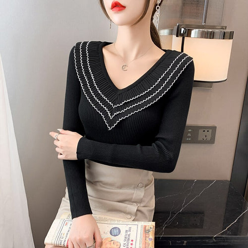 2021 Autumn/winter New Style Net Yarn Wood Ears V-neck Sweater Long-sleeved Women's Slim Bottoming Shirt with Top