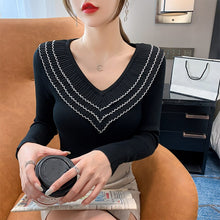 Load image into Gallery viewer, 2021 Autumn/winter New Style Net Yarn Wood Ears V-neck Sweater Long-sleeved Women&#39;s Slim Bottoming Shirt with Top