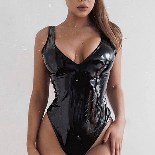 2021 Black PU Leather Women Bodysuit Sleeveless Sexy Bodycon Top Female Party Clubwear V Neck Strapless Bodysuits Gothic