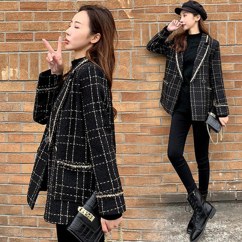 2021 Black Plaid Suits Coat Women Jackets Uniform Fashion Coat Korean Loose Female Overcoat Channel Style Mid-length