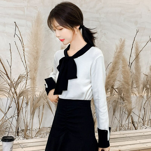 2021 Bow Tie Korean Style Autumn Knit Aesthetic Sweater  Bottoming Shirt Top Women