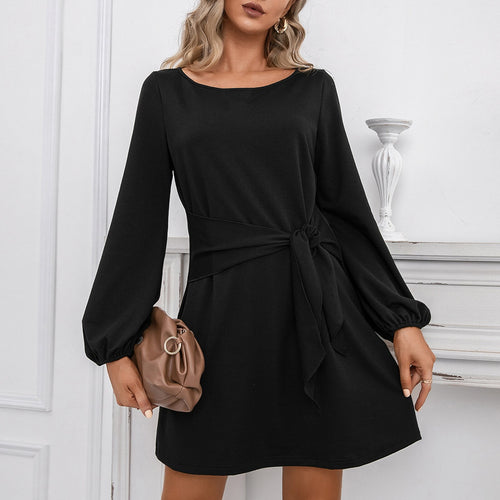 2021 Casual A Line Women Dress Spring Summer Solid Elegant Vintage O Neck Lantern Long Sleeve Mini Dress Tie Waist Design Robe