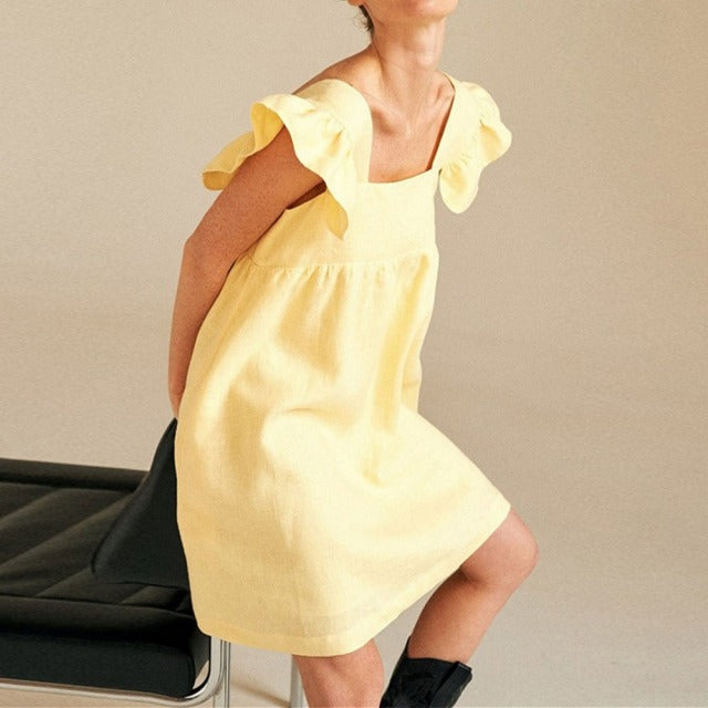 2021 Casual Square Collar Butterfly Sleeve Mini Sweet Dress Summer Woman Backless High Waist Loose Linen Solid Dress