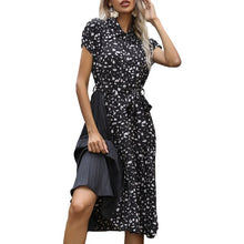 Load image into Gallery viewer, 2021 Chic Summer Women Printed Midi Dress Short Sleeve Vestidos Female Belt Pleated Casual Splicing Blouse Dress Elegant Dress
