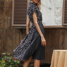 Load image into Gallery viewer, 2021 Chic Summer Women Printed Midi Dress Short Sleeve Vestidos Female Belt Pleated Casual Splicing Blouse Dress Elegant Dress
