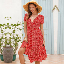 Load image into Gallery viewer, 2021 Chiffon Womens V Neck Polka Dot Sexy Dress Short Sleeve Summer Dresses with Belt