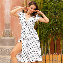 Load image into Gallery viewer, 2021 Chiffon Womens V Neck Polka Dot Sexy Dress Short Sleeve Summer Dresses with Belt
