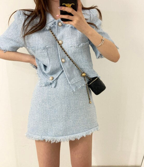 2021 Elegant 2 Piece Sets Vintage Fashion Tweed Single-Breasted Tassel Crop Top + High Waist A-line Mini Skirts Women Clothes