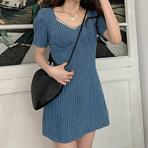 2021 Elegant Denim Dresses Women Blue Puff Sleeve V-Neck Summer Robe Solid High Waist Korean Chain A-Line Mini Vestidos Fashion