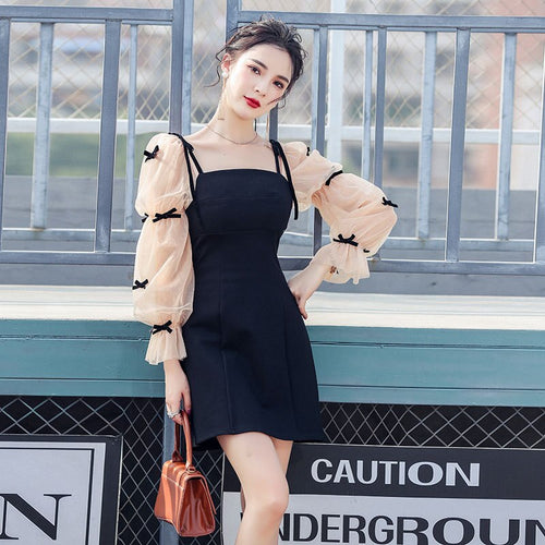 2021 Elegant Dress Vintage Square Collar Puff Sleeve Mesh Patchwork Mini Dress Black Chic Dress for Women