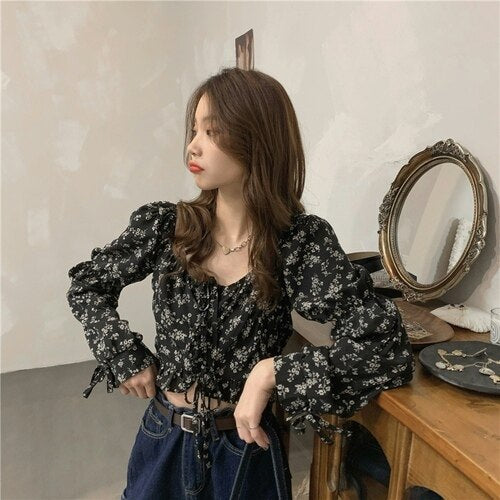 2021 Elegant Sweet Floral Female Blouse Print Beach France Casual Sexy Shirts Women Strappy Korean Chic Summer Clothes for Women