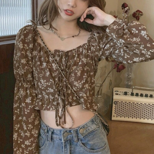 2021 Elegant Sweet Floral Female Blouse Print Beach France Casual Sexy Shirts Women Strappy Korean Chic Summer Clothes for Women
