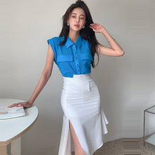 Load image into Gallery viewer, 2021 Elegant Women Office OL Lapel Sleeveless Shirt Top + High Waist White Split Bodycon Mermaid Skirts Suit Female 2 Piece Set