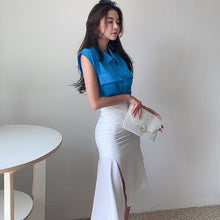 Load image into Gallery viewer, 2021 Elegant Women Office OL Lapel Sleeveless Shirt Top + High Waist White Split Bodycon Mermaid Skirts Suit Female 2 Piece Set