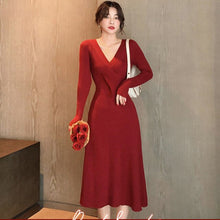 Load image into Gallery viewer, 2021 Fall Winter Midi Dress Korean Fashion Elegant V-Neck Outer Wear Sweater Knitted Dress Festival Clothing Robe Rouge Vestidos