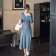 Load image into Gallery viewer, 2021 Fall Winter Midi Dress Korean Fashion Elegant V-Neck Outer Wear Sweater Knitted Dress Festival Clothing Robe Rouge Vestidos