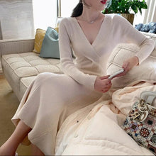 Load image into Gallery viewer, 2021 Fall Winter Midi Dress Korean Fashion Elegant V-Neck Outer Wear Sweater Knitted Dress Festival Clothing Robe Rouge Vestidos