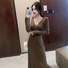 Load image into Gallery viewer, 2021 Fall Winter Midi Dress Korean Fashion Elegant V-Neck Outer Wear Sweater Knitted Dress Festival Clothing Robe Rouge Vestidos