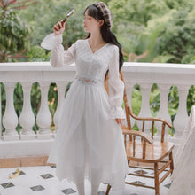 Load image into Gallery viewer, 2021 Fall Women V-neck Slim High Waist Embroidered White Dresses Robe Female Trumpet Sleeve Irregular Design Chiffon Fairy Dress