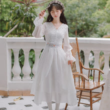 Load image into Gallery viewer, 2021 Fall Women V-neck Slim High Waist Embroidered White Dresses Robe Female Trumpet Sleeve Irregular Design Chiffon Fairy Dress