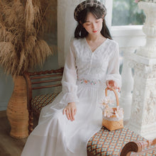 Load image into Gallery viewer, 2021 Fall Women V-neck Slim High Waist Embroidered White Dresses Robe Female Trumpet Sleeve Irregular Design Chiffon Fairy Dress