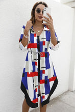 Load image into Gallery viewer, 2021 Fall Women&#39;s Single-breasted Lapel Long Sleeve Dress Striped Geometric Print Irregular Knee-Length Shirt Dresses Vestidos