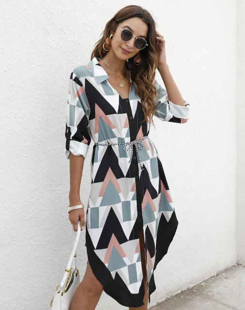 2021 Fall Women's Single-breasted Lapel Long Sleeve Dress Striped Geometric Print Irregular Knee-Length Shirt Dresses Vestidos