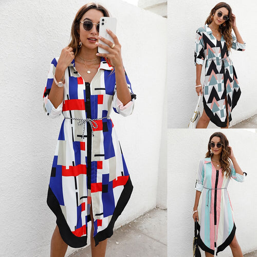 2021 Fall Women's Single-breasted Lapel Long Sleeve Dress Striped Geometric Print Irregular Knee-Length Shirt Dresses Vestidos