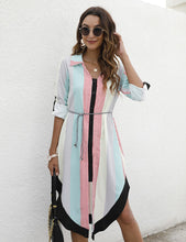 Load image into Gallery viewer, 2021 Fall Women&#39;s Single-breasted Lapel Long Sleeve Dress Striped Geometric Print Irregular Knee-Length Shirt Dresses Vestidos