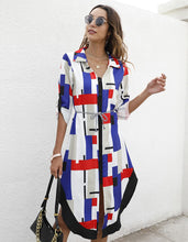 Load image into Gallery viewer, 2021 Fall Women&#39;s Single-breasted Lapel Long Sleeve Dress Striped Geometric Print Irregular Knee-Length Shirt Dresses Vestidos