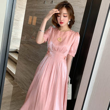 Load image into Gallery viewer, 2021 Fashion Elegant Acetate dress Folds High Waist A-Line Dress Women Summer Short Sleeve Round Neck Party Dresses Female