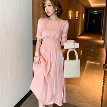 Load image into Gallery viewer, 2021 Fashion Elegant Acetate dress Folds High Waist A-Line Dress Women Summer Short Sleeve Round Neck Party Dresses Female