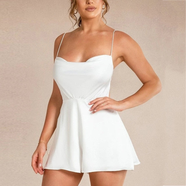 2021 Fashion Satin Romper Women Orange White One Piece Outfit Short Jumpsuit Sling Backless Bandage Jumpsuits Streetwear