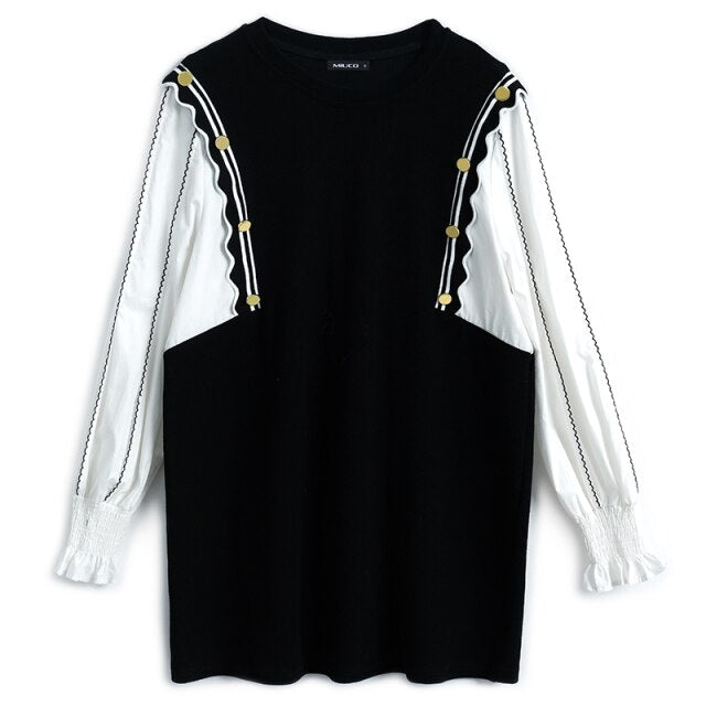 2021 Fashion Shirt Patchwork Loose Fake Two Casual Straight Dresses Long Sleeve Round Neck Buttons Knitted Autumn Spring Dress