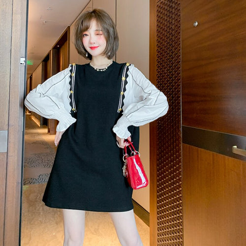 2021 Fashion Shirt Patchwork Loose Fake Two Casual Straight Dresses Long Sleeve Round Neck Buttons Knitted Autumn Spring Dress