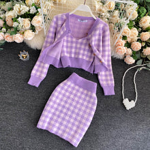 Load image into Gallery viewer, 2021 Fashion Women Clothing Suit Long Sleeve Knit Cardigans+V-neck Crop Top Vest+Bodycon Skirt 3 Piece Set Casual Plaid Sweater