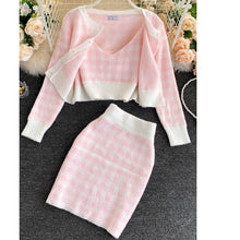 Load image into Gallery viewer, 2021 Fashion Women Clothing Suit Long Sleeve Knit Cardigans+V-neck Crop Top Vest+Bodycon Skirt 3 Piece Set Casual Plaid Sweater