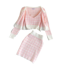 Load image into Gallery viewer, 2021 Fashion Women Clothing Suit Long Sleeve Knit Cardigans+V-neck Crop Top Vest+Bodycon Skirt 3 Piece Set Casual Plaid Sweater