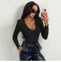 Load image into Gallery viewer, 2021 Fashion Women Summer Solid Bodysuit Slim Long Sleeve V-Neck Sexy New Shoulder Pads Ribbing Skinny Siamese Briefs