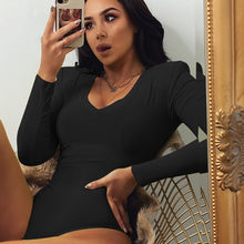 Load image into Gallery viewer, 2021 Fashion Women Summer Solid Bodysuit Slim Long Sleeve V-Neck Sexy New Shoulder Pads Ribbing Skinny Siamese Briefs