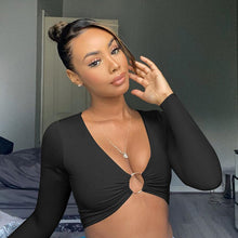 Load image into Gallery viewer, 2021 Fashion Women’s Summer Long-sleeved Crop Top Solid Color Hollow Ring Exposed Navel T-shirt Skinny Sexy Ladies New Tees