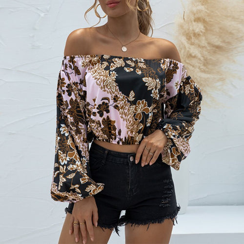 2021 Floral Women Blouse Summer Crop Tops Spring Slash Collar Print Shirts Sexy Off Shoulder Puff Long Sleeve Blouses Blusas