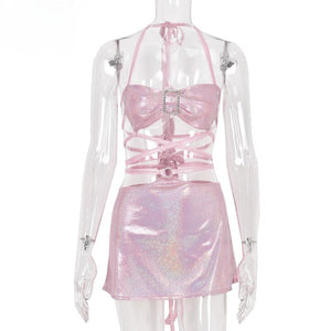2021 Glitter Pink Two Piece Set Fairy Grunge Crop Top Mini Skirt Summer Y2K Clothes Sexy Club Rave Festival Outfit